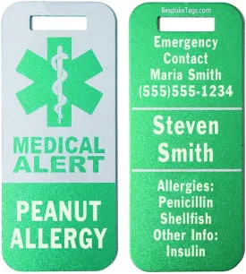 Medical Alert Tag"Peanut Allergy" - Customized Engraved Info (Green)