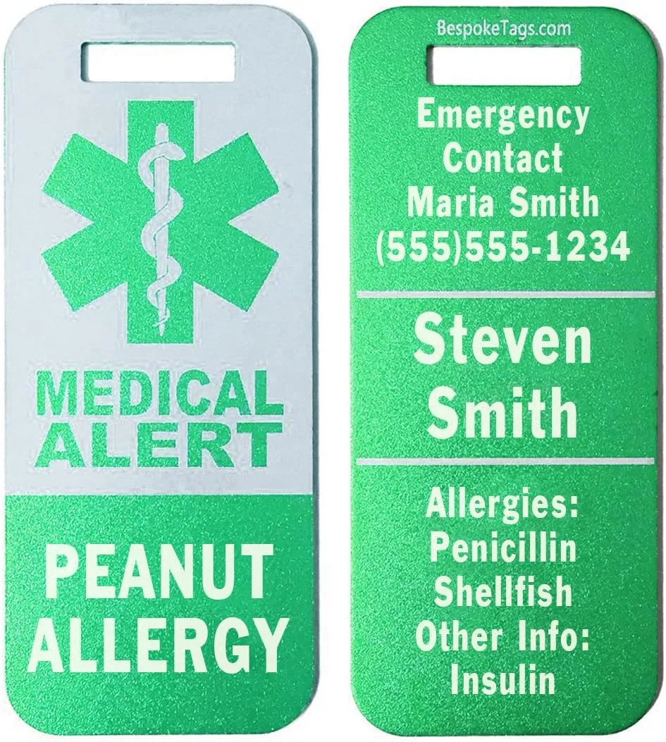 Medical Alert Tag"Peanut Allergy" - Customized Engraved Info (Green)