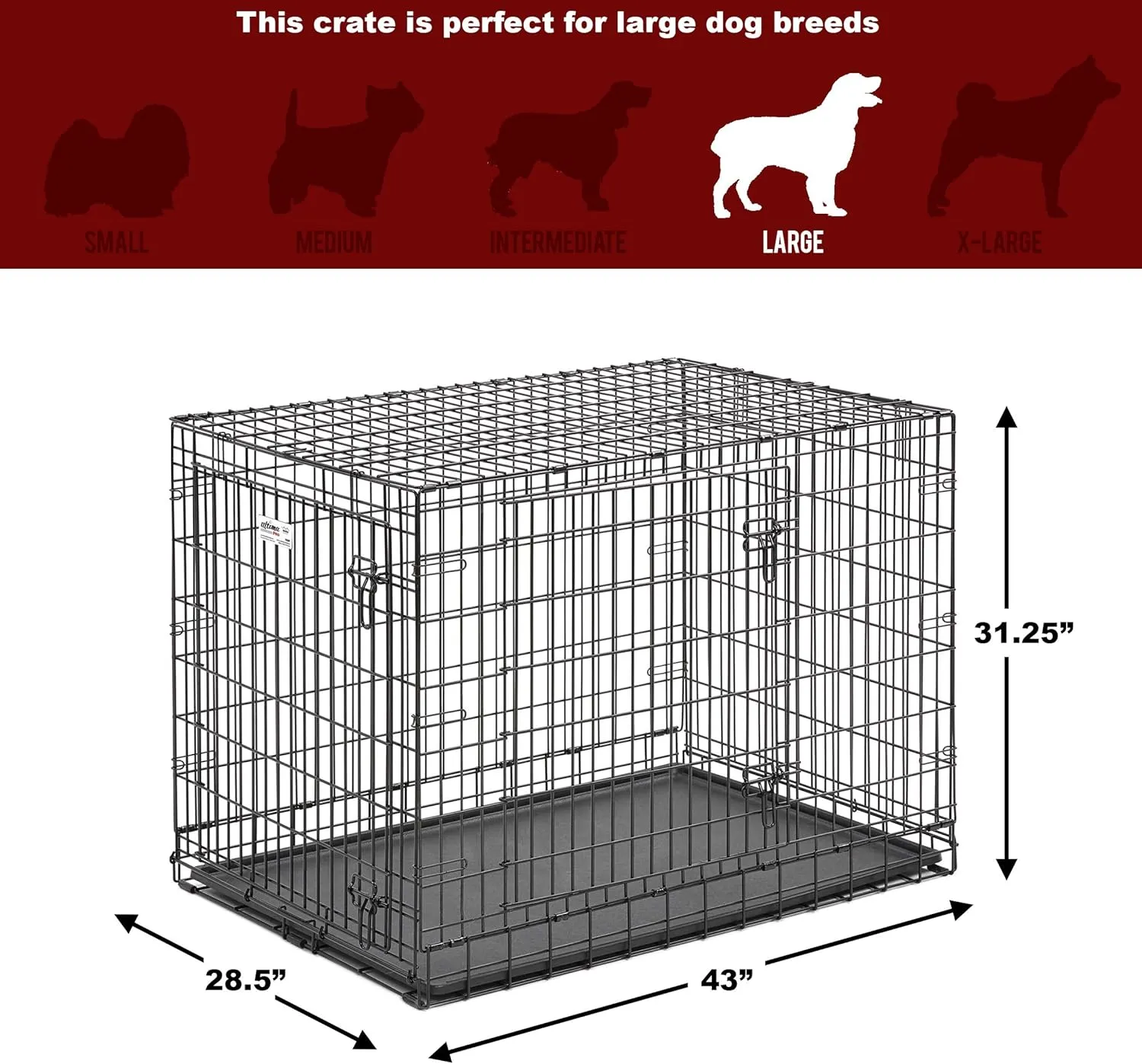 MidWest Homes for Pets Ultima Pro Series 42' Dog Crate | Extra-Strong Double Door Folding Metal Dog Crate w/Divider Panel, Floor Protecting 'Roller Feet' & Leak-Proof Plastic Pan