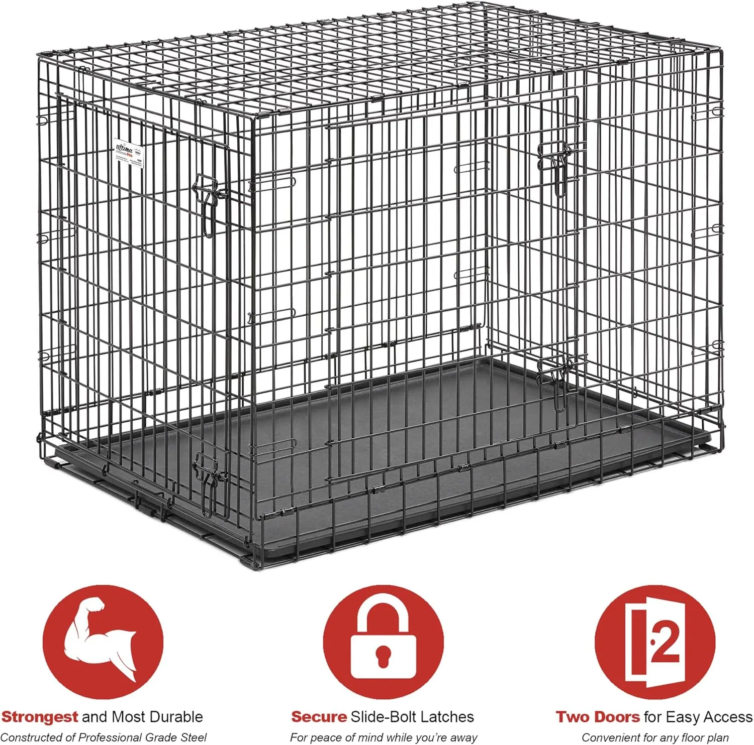MidWest Homes for Pets Ultima Pro Series 42' Dog Crate | Extra-Strong Double Door Folding Metal Dog Crate w/Divider Panel, Floor Protecting 'Roller Feet' & Leak-Proof Plastic Pan