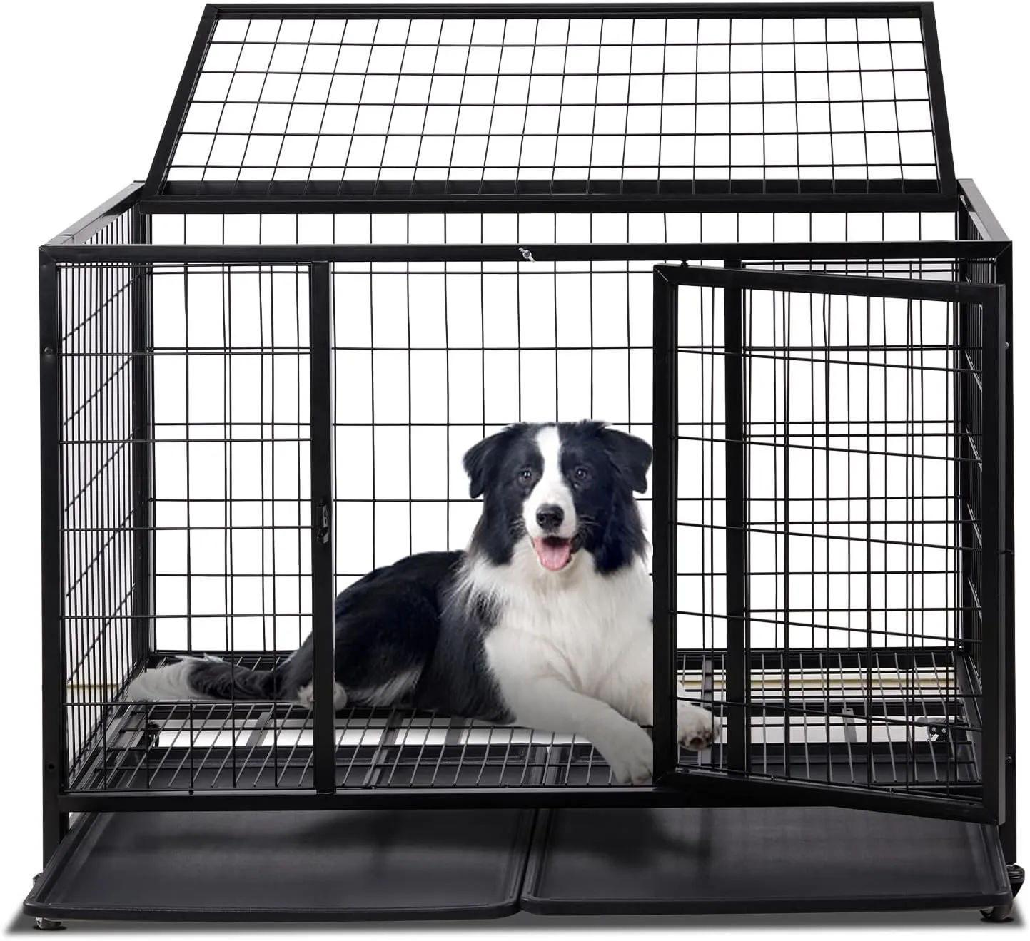 Outvita Heavy Duty Dog Crate, 42 Inch Large Metal Wire Dog Kennel, Chew Proof Dog Cage with Lockable Wheels, Plastic Try, Double Door for Medium to Large Dog Indoor