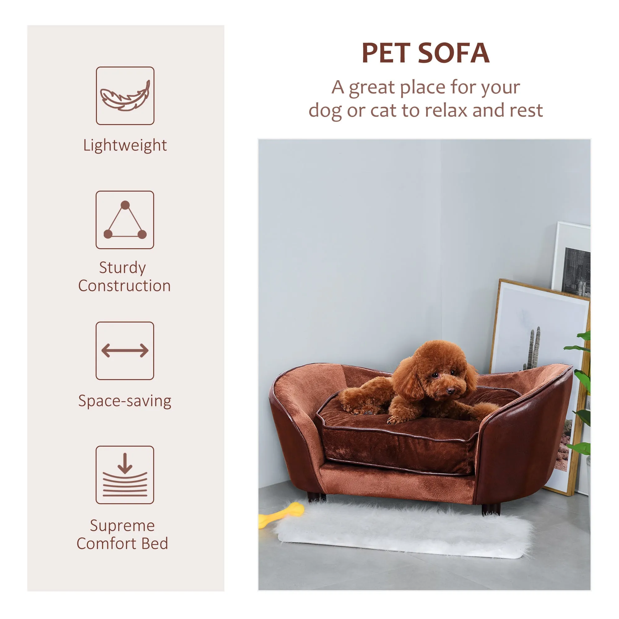 PawHut Dog Sofa Chair W/ Legs Cushion for Small Dog Cat 78x57x35.5 cm, Brown