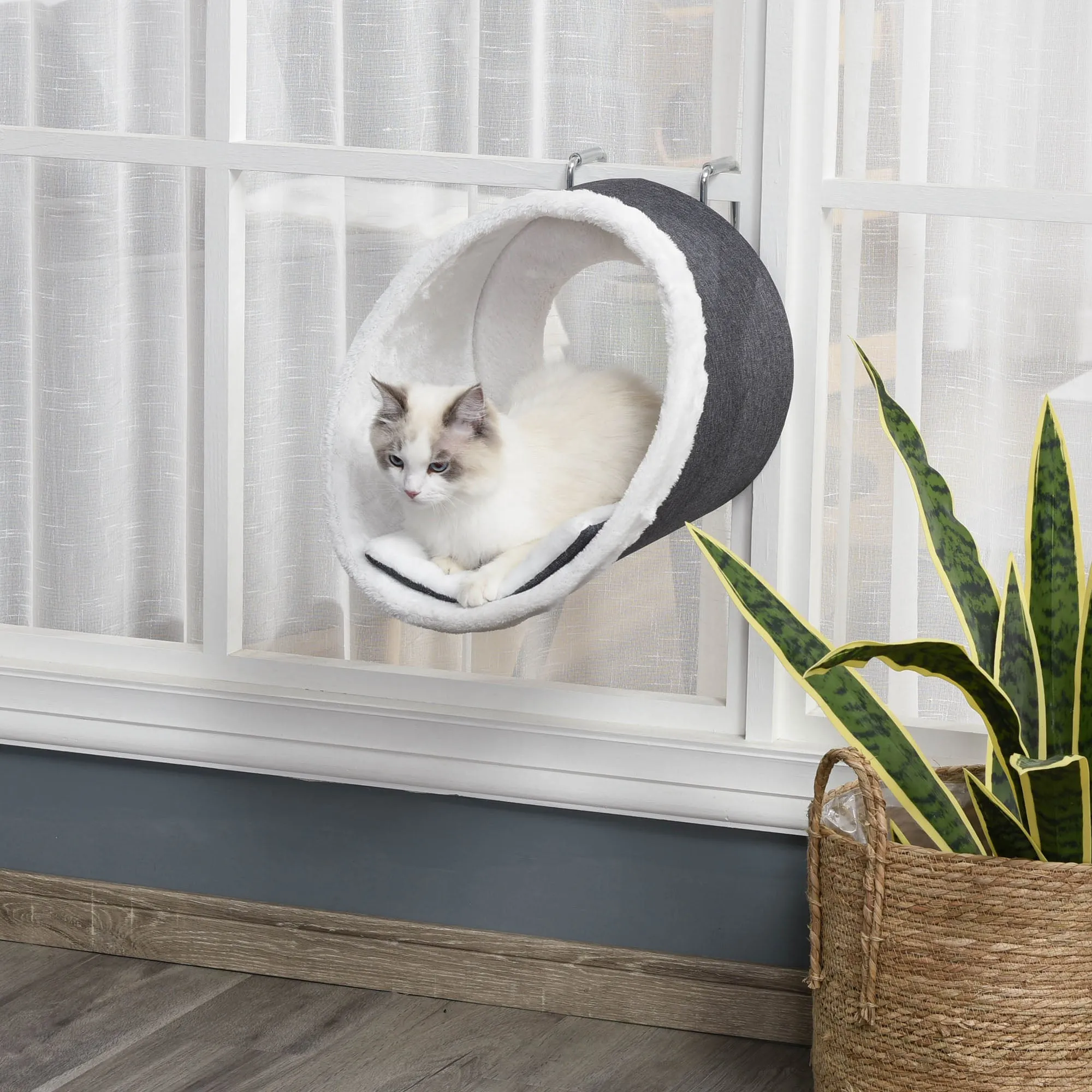 PawHut Windowsill Mounted Cat Perch Hanging Kitten House with Removable Flannel