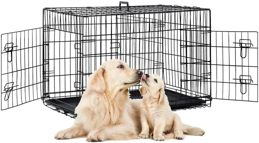 PayLessHere 48" 2 Doors Pet Folding Suitcase Dog w/Divider Cat Crate Cage Kennel w/Tray, Black