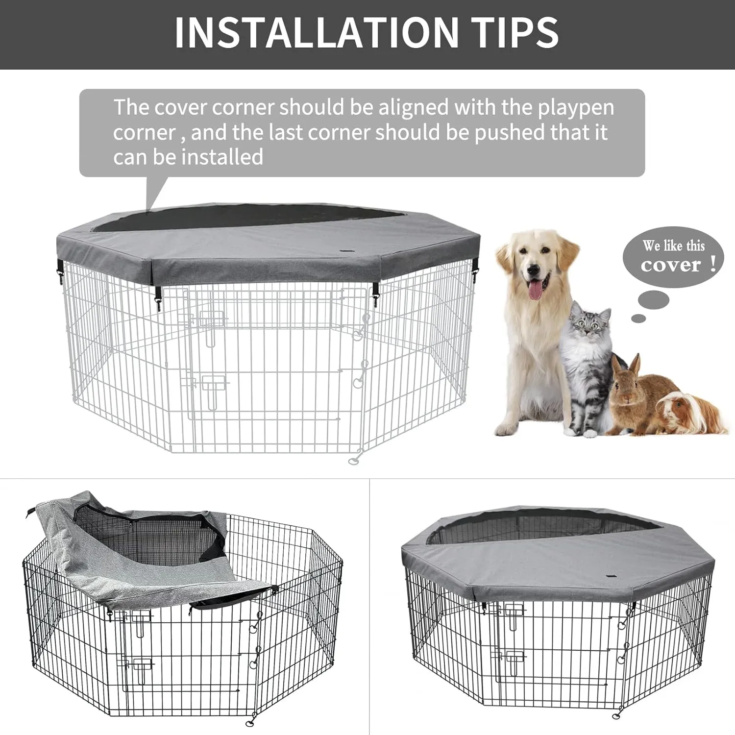 PETIME Top Cover Sun/Rain Proof Provide Shade and Security for Indoor Outdoor Dog Playpen Fits All 24" Wide 8 Panels Pet Exercise Pen (Playpen Not Included)