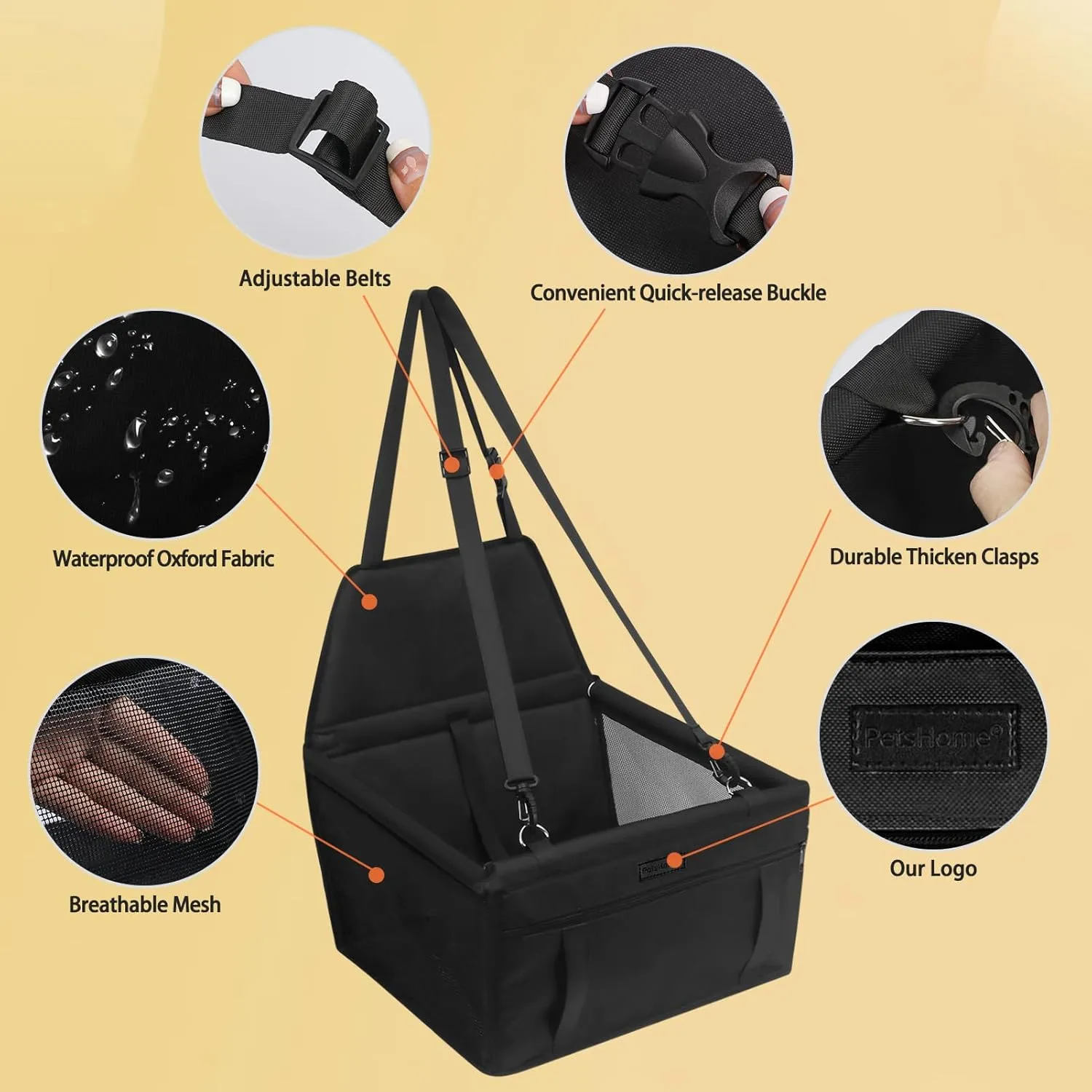 PetsHome Dog Car Seat Foldable Dog Car Booster Seat Waterproof Breathable Oxford Travel Bag for Small to Medium Dogs, Puppies, and Pets-Pure Black