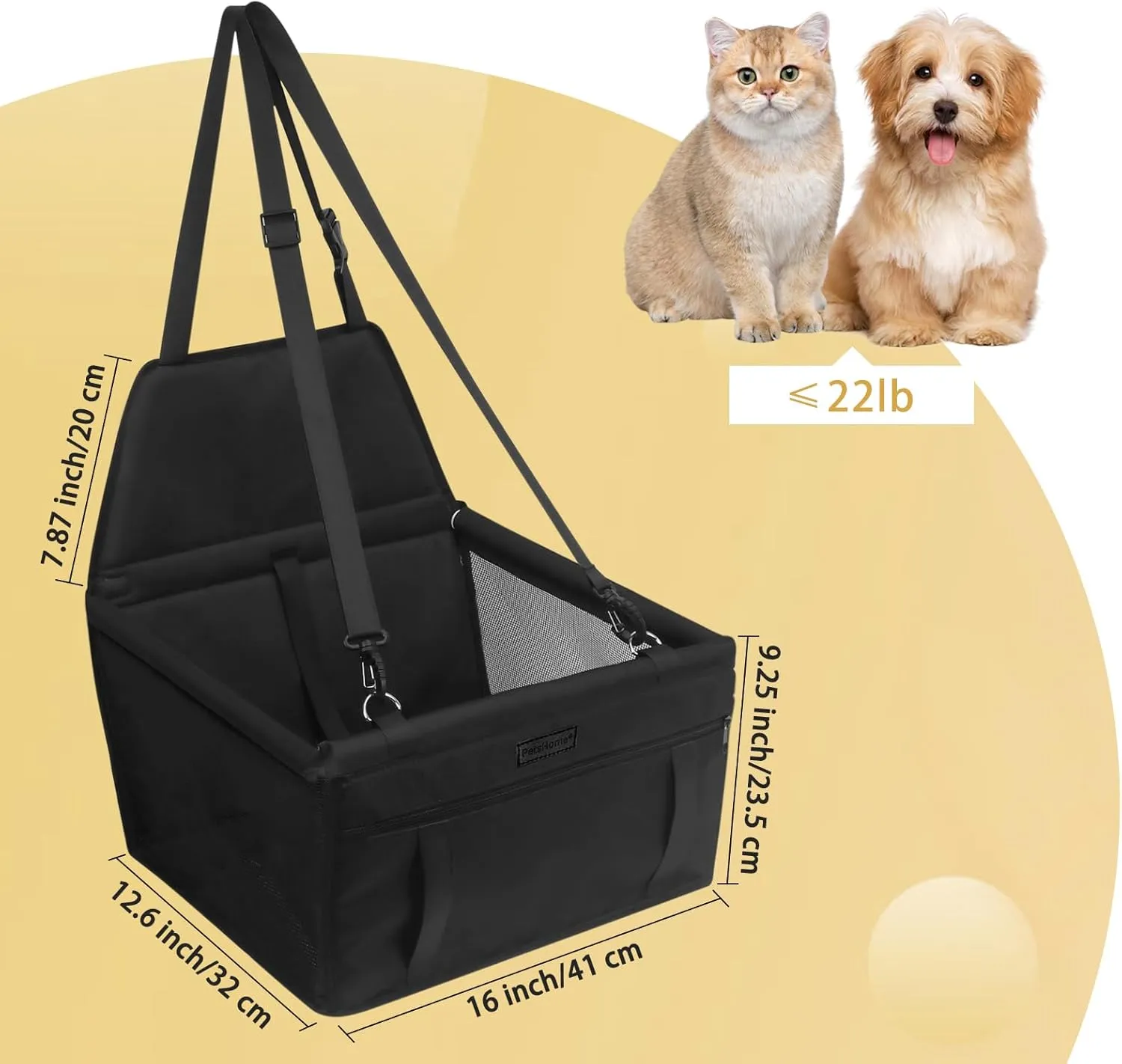 PetsHome Dog Car Seat Foldable Dog Car Booster Seat Waterproof Breathable Oxford Travel Bag for Small to Medium Dogs, Puppies, and Pets-Pure Black