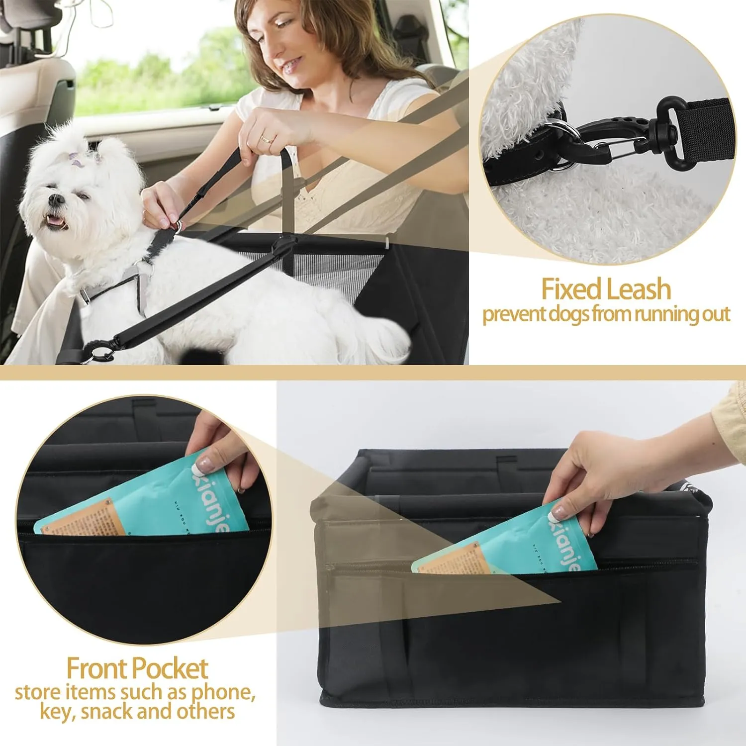 PetsHome Dog Car Seat Foldable Dog Car Booster Seat Waterproof Breathable Oxford Travel Bag for Small to Medium Dogs, Puppies, and Pets-Pure Black