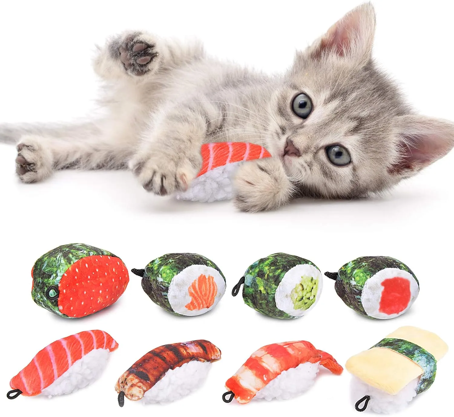REKOBON Catnip Toys, 8 Pack Kitten Toys for Indoor Cats, Bite Resistant Cat Chew Toy with Sushi Roll, Boredom Relief Fluffy Kitty Teeth Cleaning Chewing, Interactive Plush Gift