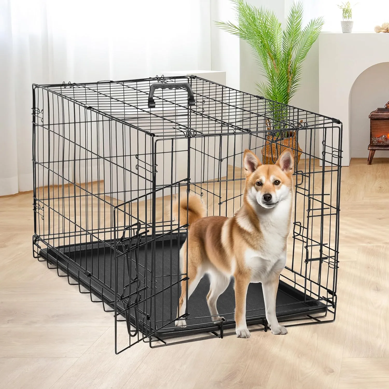 Simple Deluxe 30-Inch Medium Dog Crate with Divider, Double Door Folding Metal Wire Cage with Leak-Proof Plastic Tray, Portable Pet Kennel for Indoor, Outdoor, and Travel