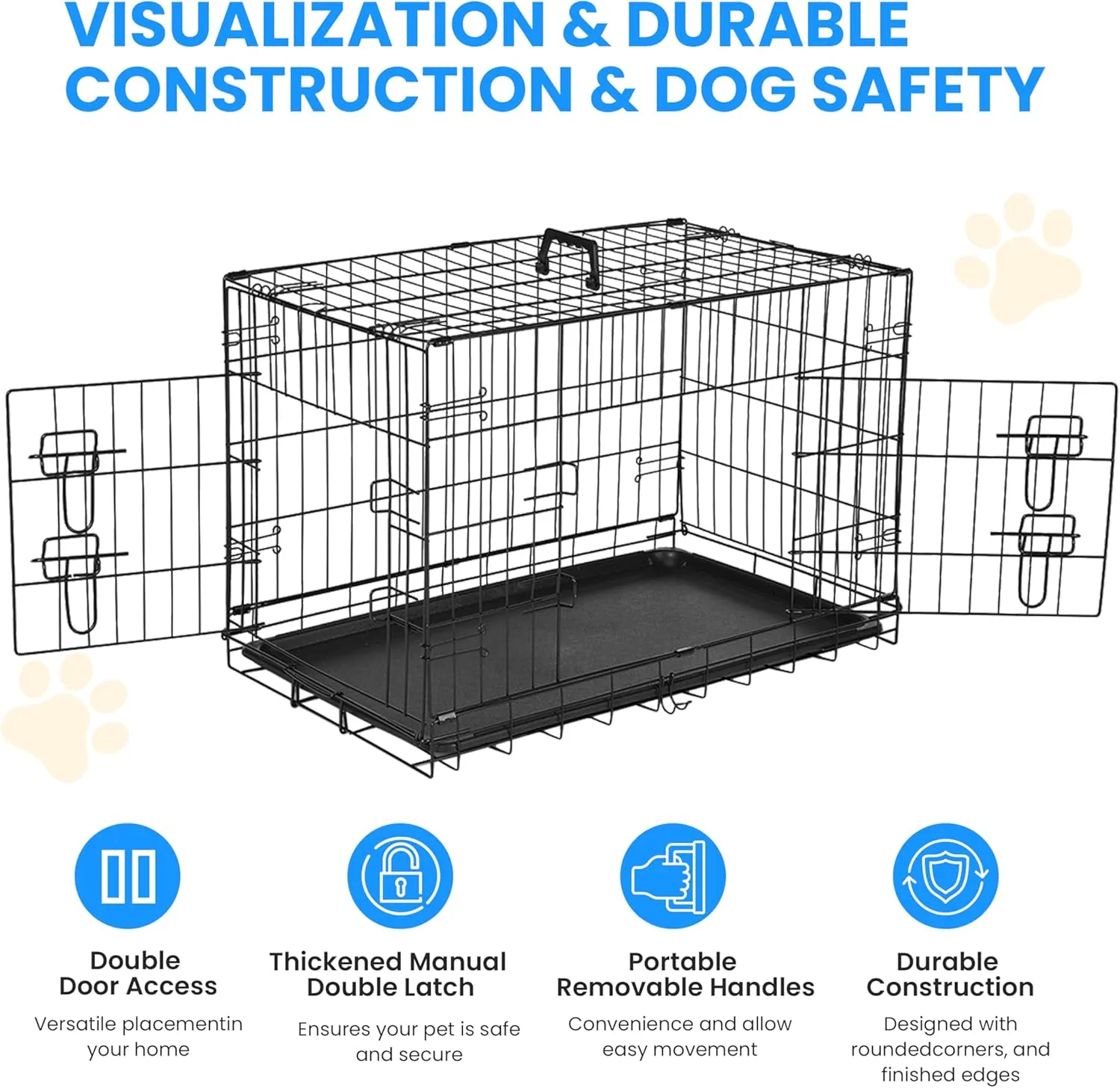 Simple Deluxe 30-Inch Medium Dog Crate with Divider, Double Door Folding Metal Wire Cage with Leak-Proof Plastic Tray, Portable Pet Kennel for Indoor, Outdoor, and Travel
