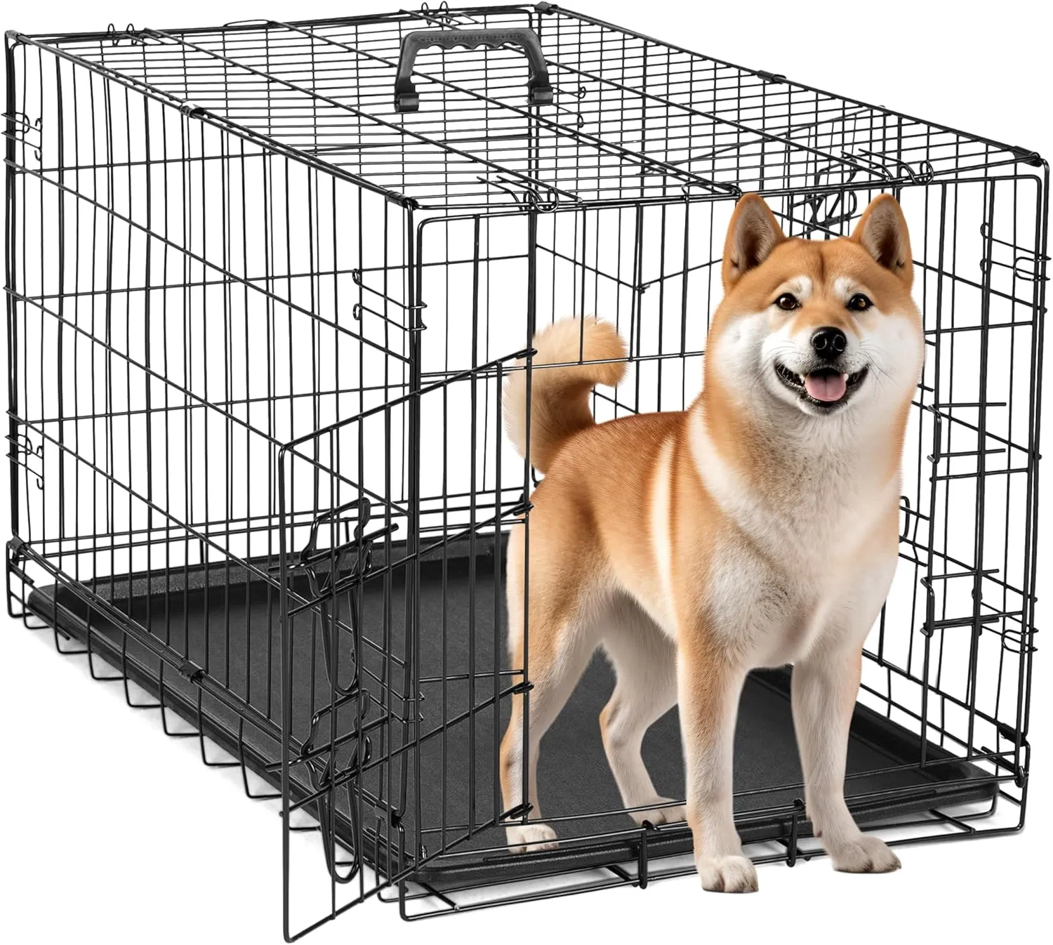Simple Deluxe 30-Inch Medium Dog Crate with Divider, Double Door Folding Metal Wire Cage with Leak-Proof Plastic Tray, Portable Pet Kennel for Indoor, Outdoor, and Travel