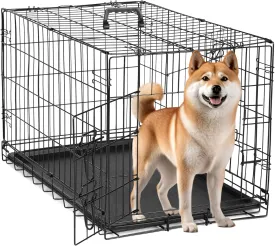 Simple Deluxe 30-Inch Medium Dog Crate with Divider, Double Door Folding Metal Wire Cage with Leak-Proof Plastic Tray, Portable Pet Kennel for Indoor, Outdoor, and Travel