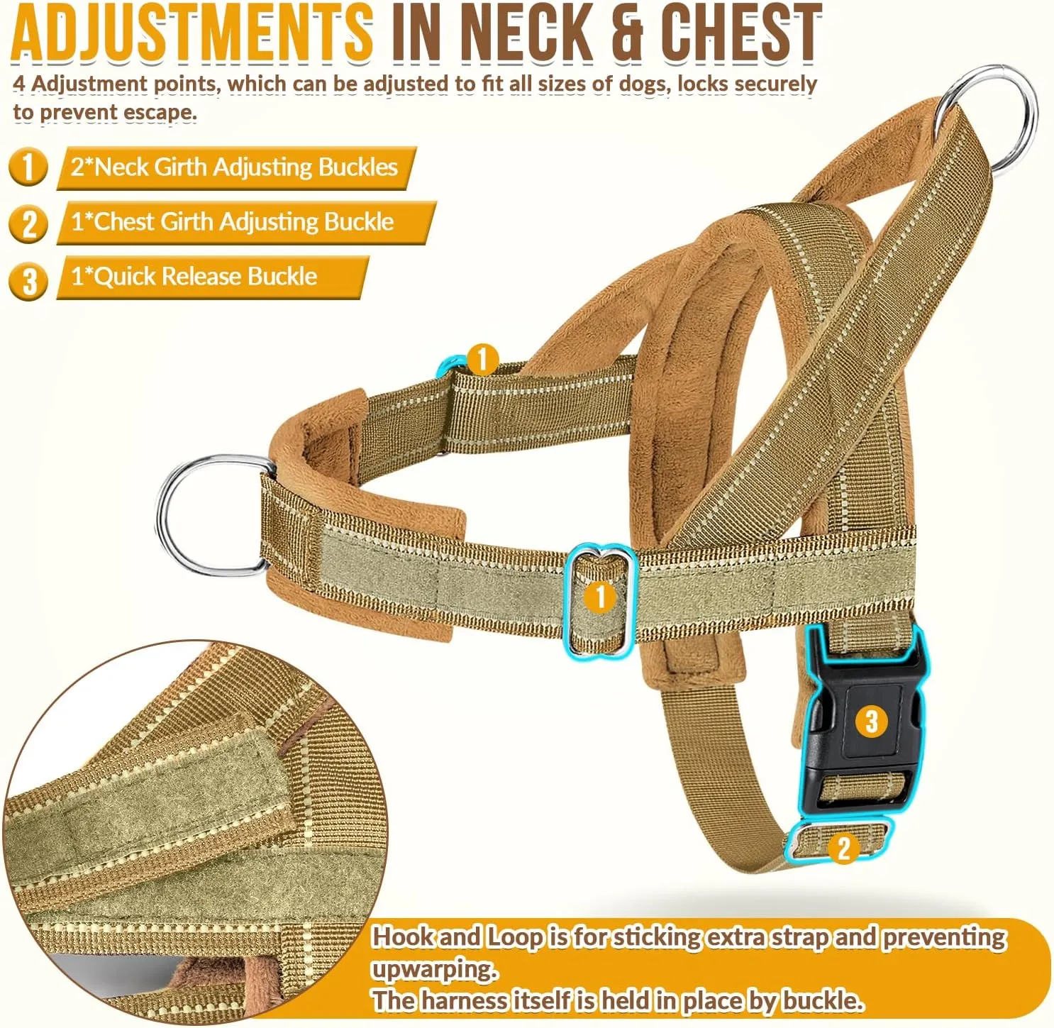 SlowTon No Pull Dog Harness - Heavy Duty Dog Harness and Leash Set for Medium Large Dogs, Reflective Tactical Harness with Soft Padded and Front Clip for Easy Walk and Training (Tan L)