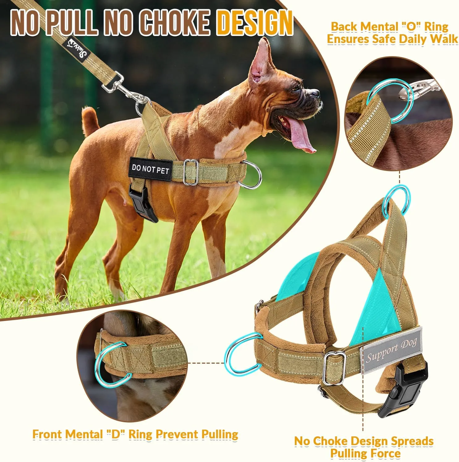 SlowTon No Pull Dog Harness - Heavy Duty Dog Harness and Leash Set for Medium Large Dogs, Reflective Tactical Harness with Soft Padded and Front Clip for Easy Walk and Training (Tan L)
