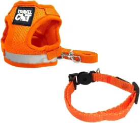 Travel Cat Harness, Leash and Collar Set - Adjustable Comfort Fit Mesh Vest Harnesses with Leash and Collar - Escape Proof Accessories for Cats, Kitten for Outdoor Walking, Orange