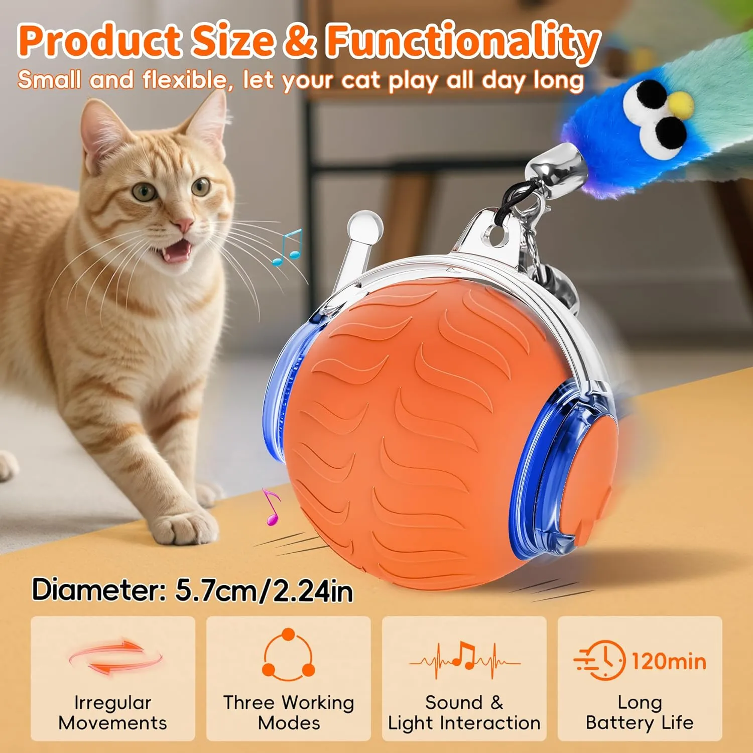 UPSKY Interactive Cat Toy Ball for Indoor Cats, Automatic Moving Electric Rolling Cat Ball Toy, 3-Speed Modes Smart Kitten Toys with Sounds, USB Rechargeable for Bored Kittens/Adult Cats