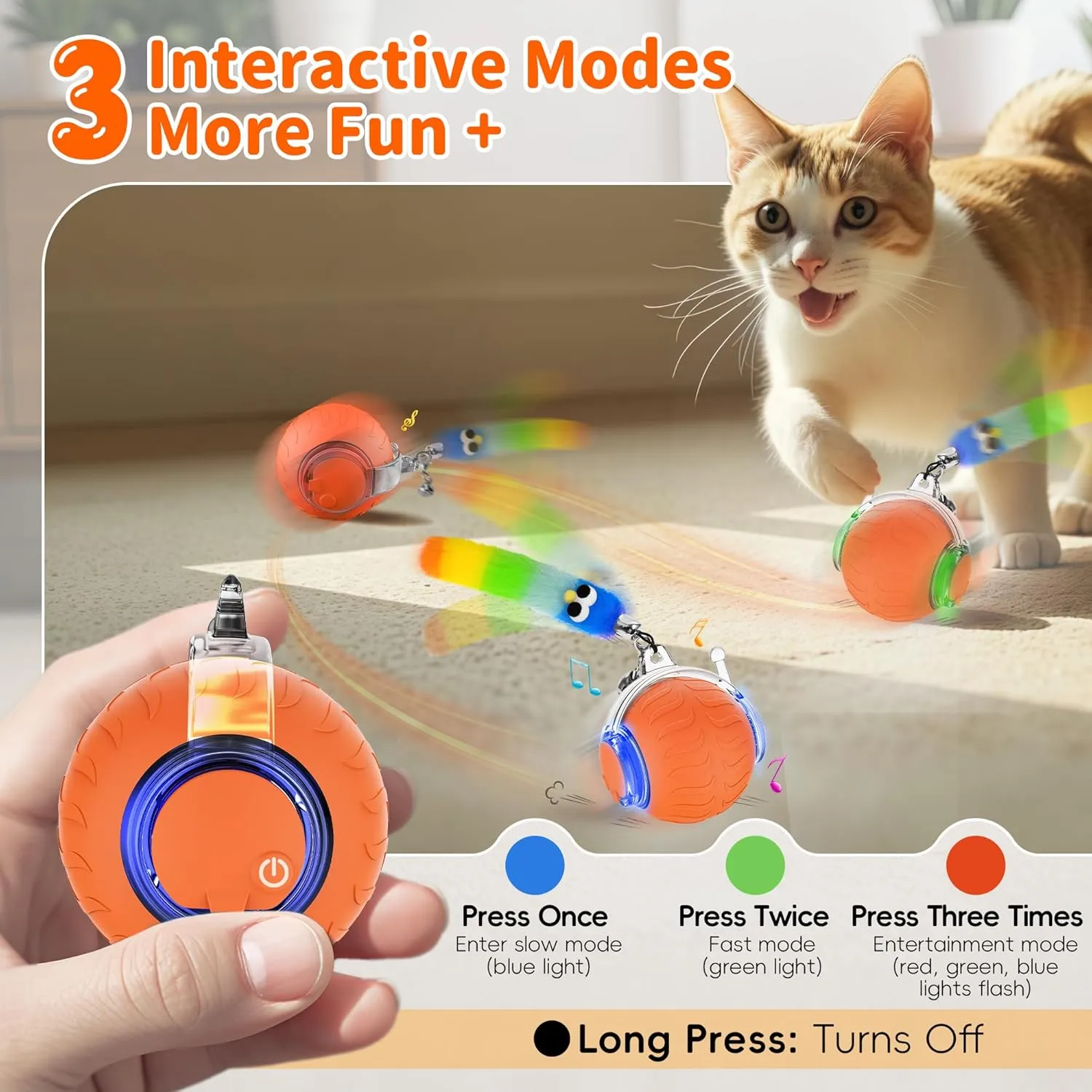 UPSKY Interactive Cat Toy Ball for Indoor Cats, Automatic Moving Electric Rolling Cat Ball Toy, 3-Speed Modes Smart Kitten Toys with Sounds, USB Rechargeable for Bored Kittens/Adult Cats