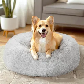Veehoo Calming Donut Dog Bed for Large Dogs - Round, Anti-Anxiety Fluffy Faux Plush Cuddler, Washable, Anti-Slip Warming Soft Cushion, Fits up to 45 lbs Pet, 30", Light Grey