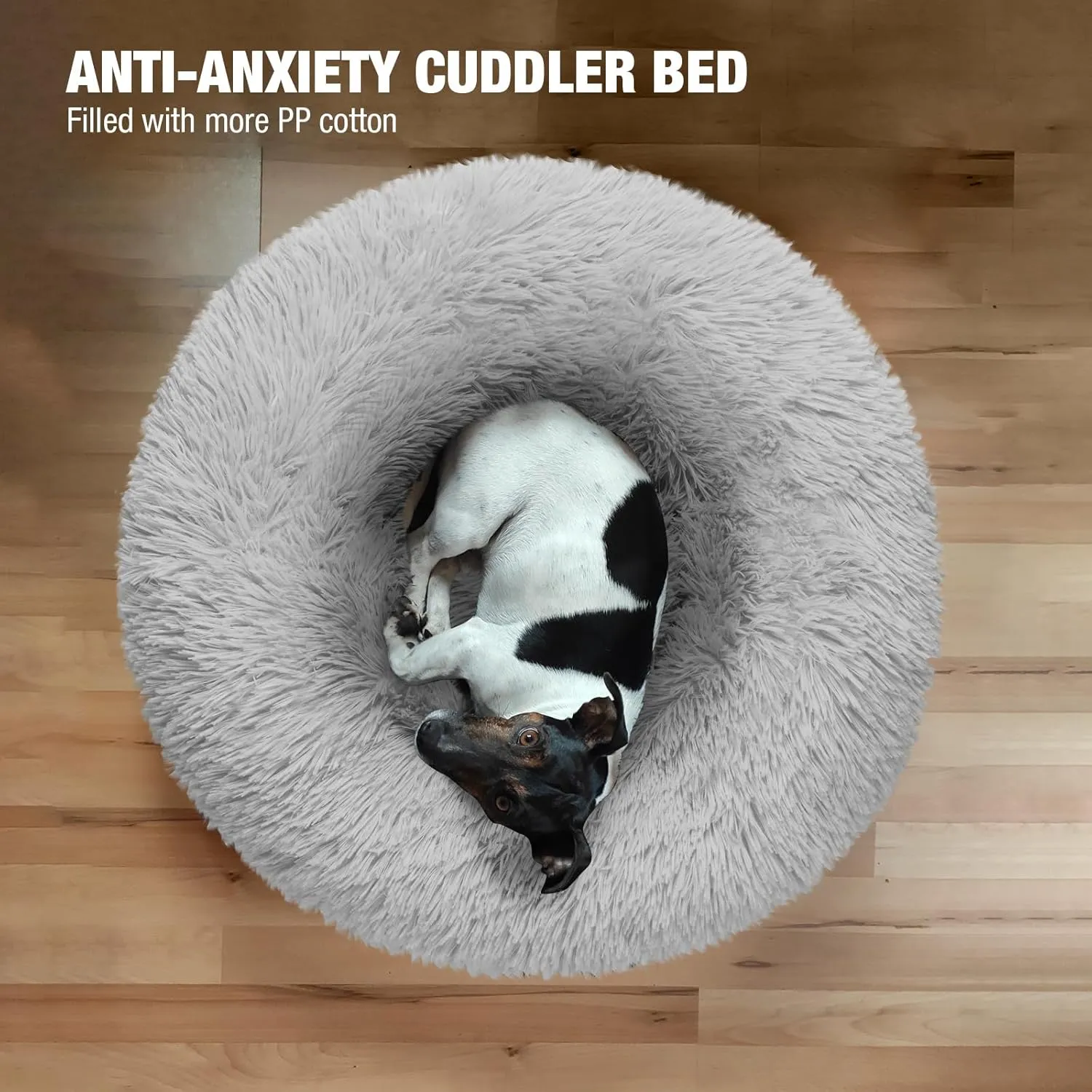 Veehoo Calming Donut Dog Bed for Large Dogs - Round, Anti-Anxiety Fluffy Faux Plush Cuddler, Washable, Anti-Slip Warming Soft Cushion, Fits up to 45 lbs Pet, 30", Light Grey