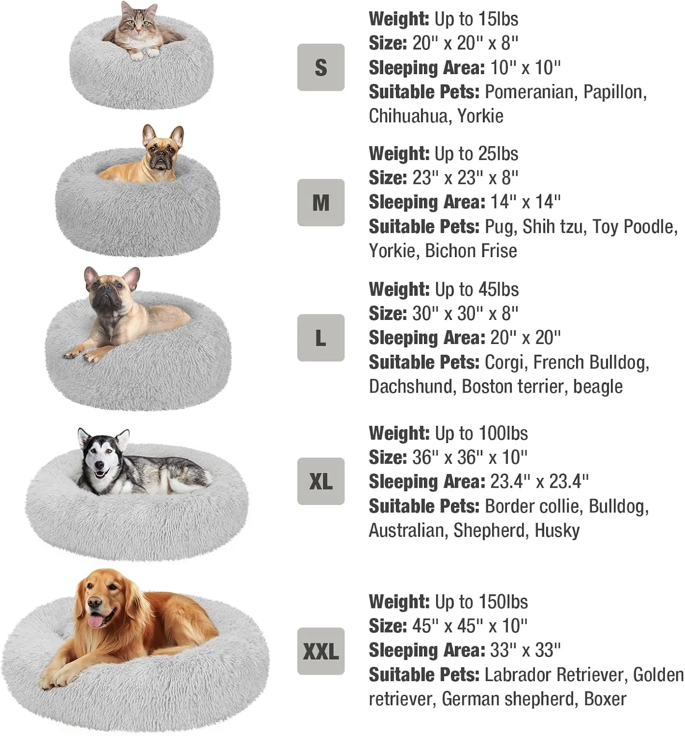 Veehoo Calming Donut Dog Bed for Large Dogs - Round, Anti-Anxiety Fluffy Faux Plush Cuddler, Washable, Anti-Slip Warming Soft Cushion, Fits up to 45 lbs Pet, 30", Light Grey