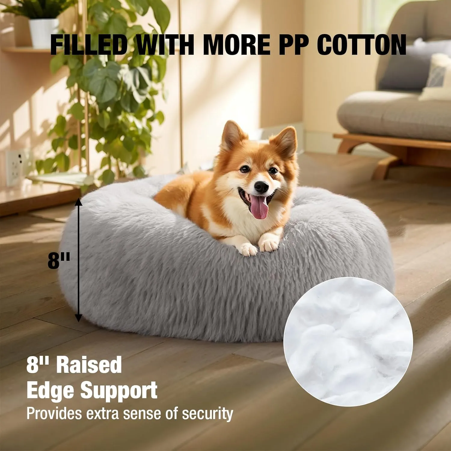 Veehoo Calming Donut Dog Bed for Large Dogs - Round, Anti-Anxiety Fluffy Faux Plush Cuddler, Washable, Anti-Slip Warming Soft Cushion, Fits up to 45 lbs Pet, 30", Light Grey