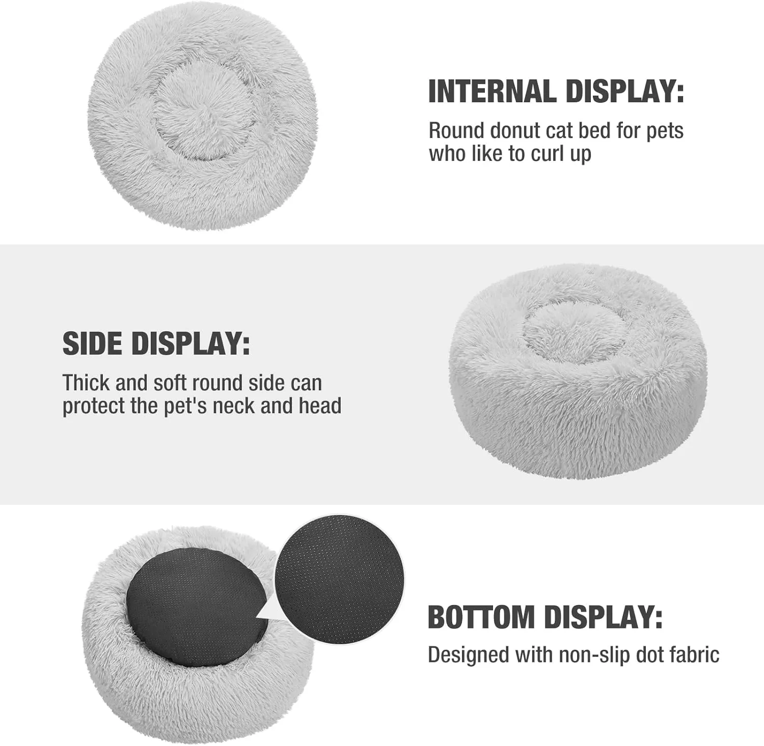 Veehoo Calming Donut Dog Bed for Large Dogs - Round, Anti-Anxiety Fluffy Faux Plush Cuddler, Washable, Anti-Slip Warming Soft Cushion, Fits up to 45 lbs Pet, 30", Light Grey
