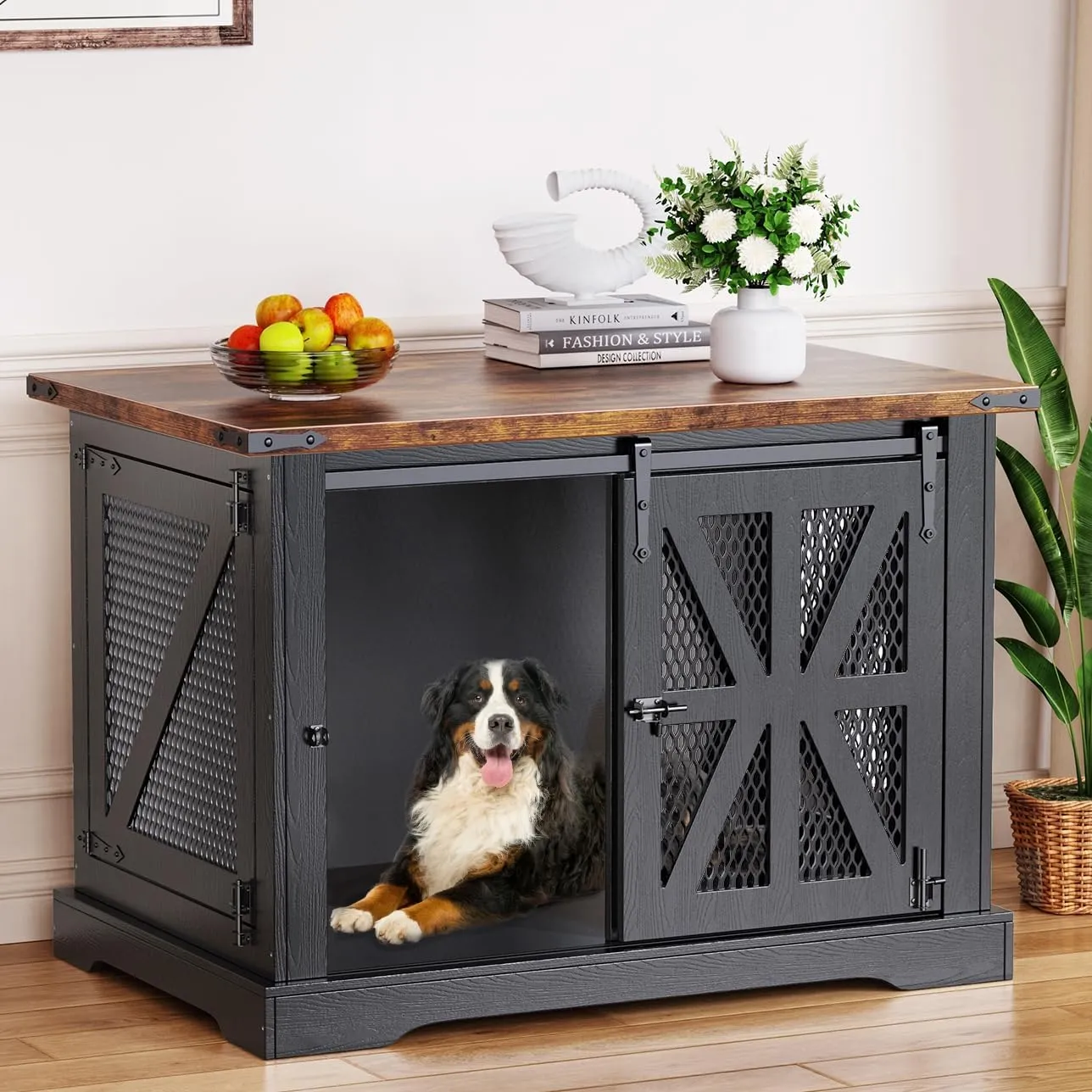 VOPEAK Farmhouse Large Dog Crate Furniture, Heavy Duty Dog Cage for Medium Large Dogs, XL Dog Crate Dog Kennel Indoor with Double Doors, Chew Resistant End Table for Bedroom Living Room, Black
