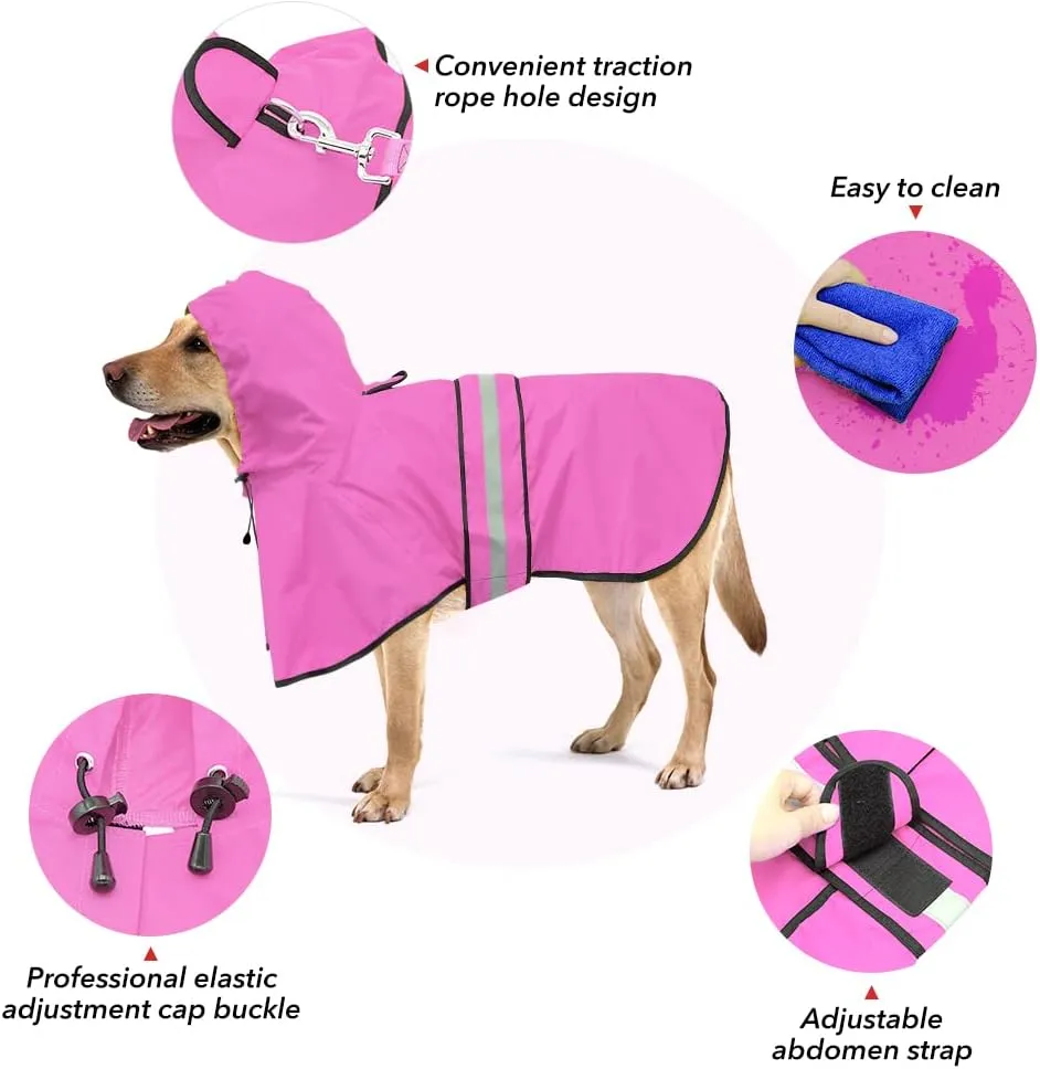 Waterproof Dog Rain Coat - Reflective Adjustable Pet Raincoat Jacket, Lightweight Dog Hooded Poncho Raincoats for Small to X- Large Dogs and Puppies (Pink, Medium)
