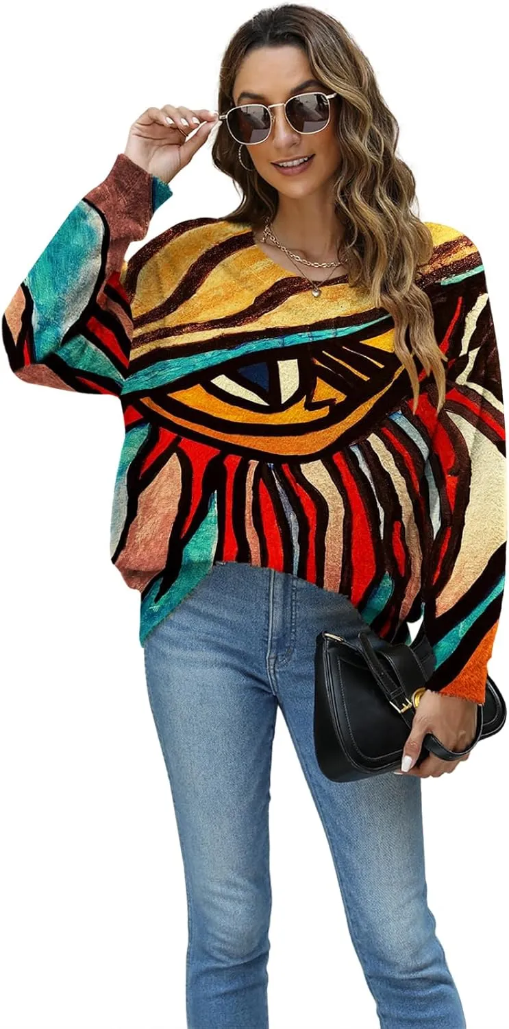 Women Christmas Sweater Graphic Oversized Long Sleeve Boho Printed Loose Fit Casual Knit Pullover Sweaters Top