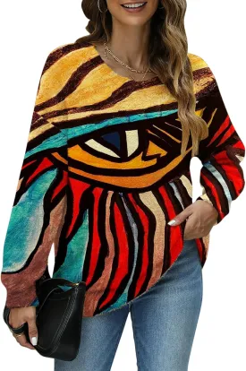 Women Christmas Sweater Graphic Oversized Long Sleeve Boho Printed Loose Fit Casual Knit Pullover Sweaters Top