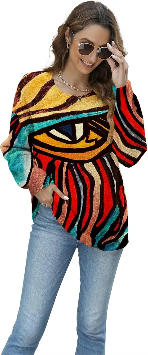 Women Christmas Sweater Graphic Oversized Long Sleeve Boho Printed Loose Fit Casual Knit Pullover Sweaters Top