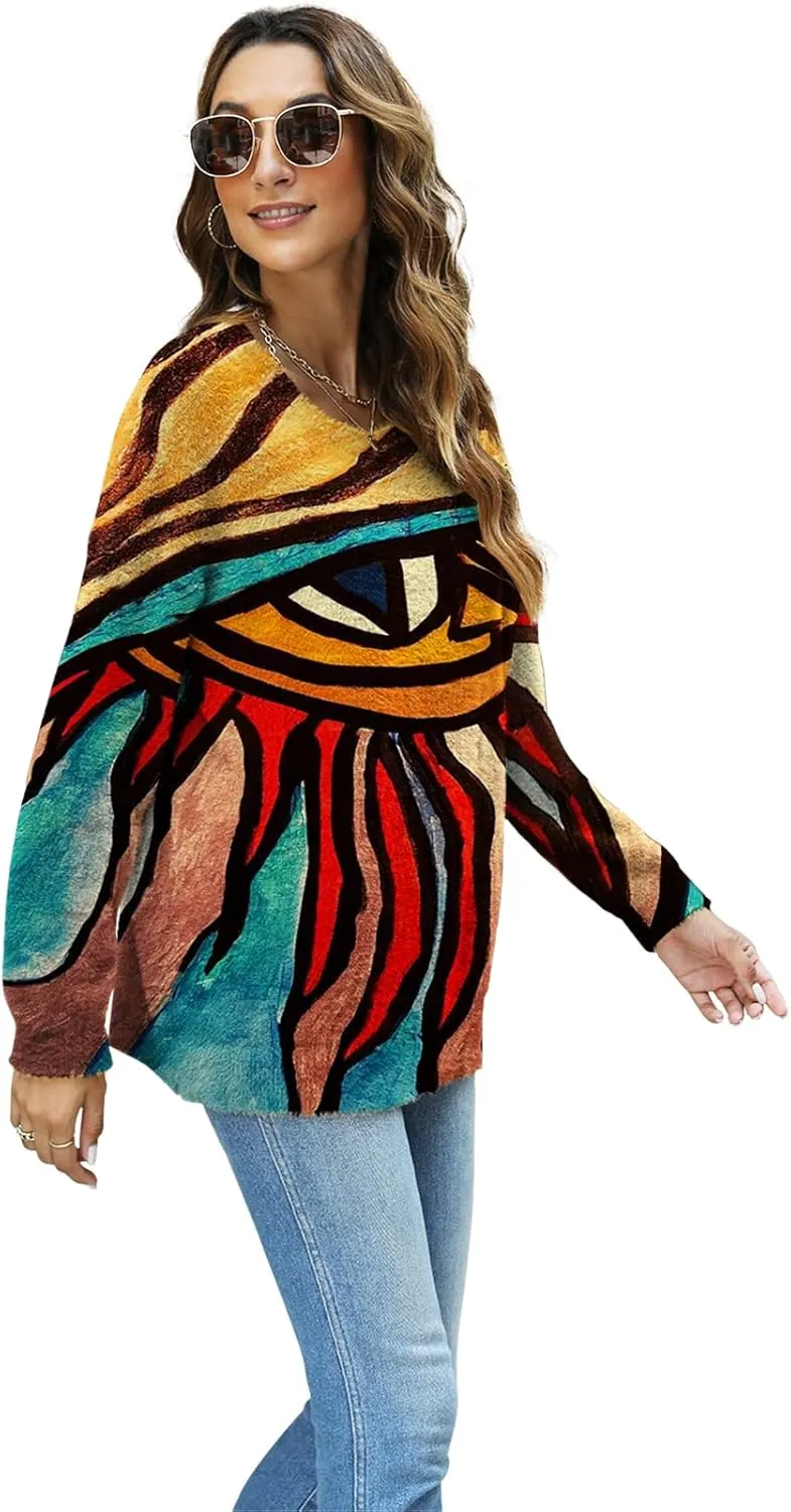 Women Christmas Sweater Graphic Oversized Long Sleeve Boho Printed Loose Fit Casual Knit Pullover Sweaters Top