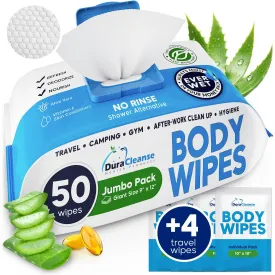 XL Body Wipes for Adults Bathing No Rinse - 50 Ct.   4 Travel Shower Wipes - 9"x12" Thick Cleansing Bath Wash Sheets for Elderly Incontinence, Men & Women - Camping Essentials Disposable Washcloths