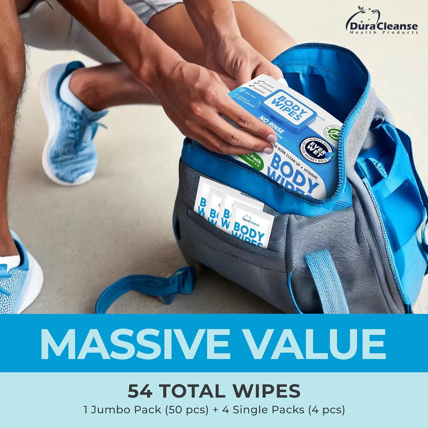 XL Body Wipes for Adults Bathing No Rinse - 50 Ct.   4 Travel Shower Wipes - 9"x12" Thick Cleansing Bath Wash Sheets for Elderly Incontinence, Men & Women - Camping Essentials Disposable Washcloths