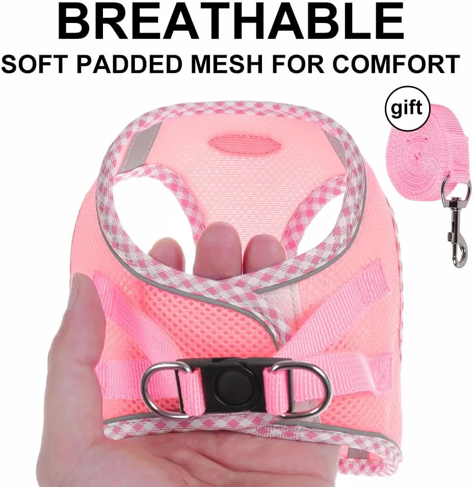 XS Size Pink Dog Harness and Leash Set, Breathable Mesh Puppy Vest, No-Pull Adjustable Chest Harness with Reflective Strips for Small Breeds, Lightweight Soft Pet Harness for Walking and Training